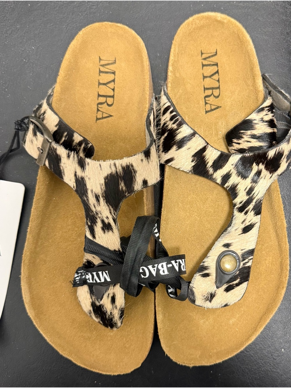 Myra Bag Leopard-Print Haircalf Thong Sandals in Black and Cream